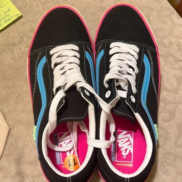 Vans Men's Black Sneakers with Blue and Pink Accents - Picture 3 of 4